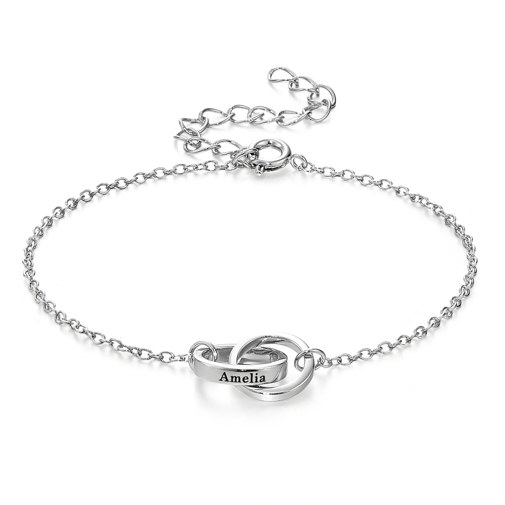 Bracelet Prénom Personnalisé Avec Cercle Gravé, Bracelet Entrelacé Avec Cercles, Bracelet Éternité À 2 Anneaux, Cadeau D'anniversaire - votrecollierprenomfr