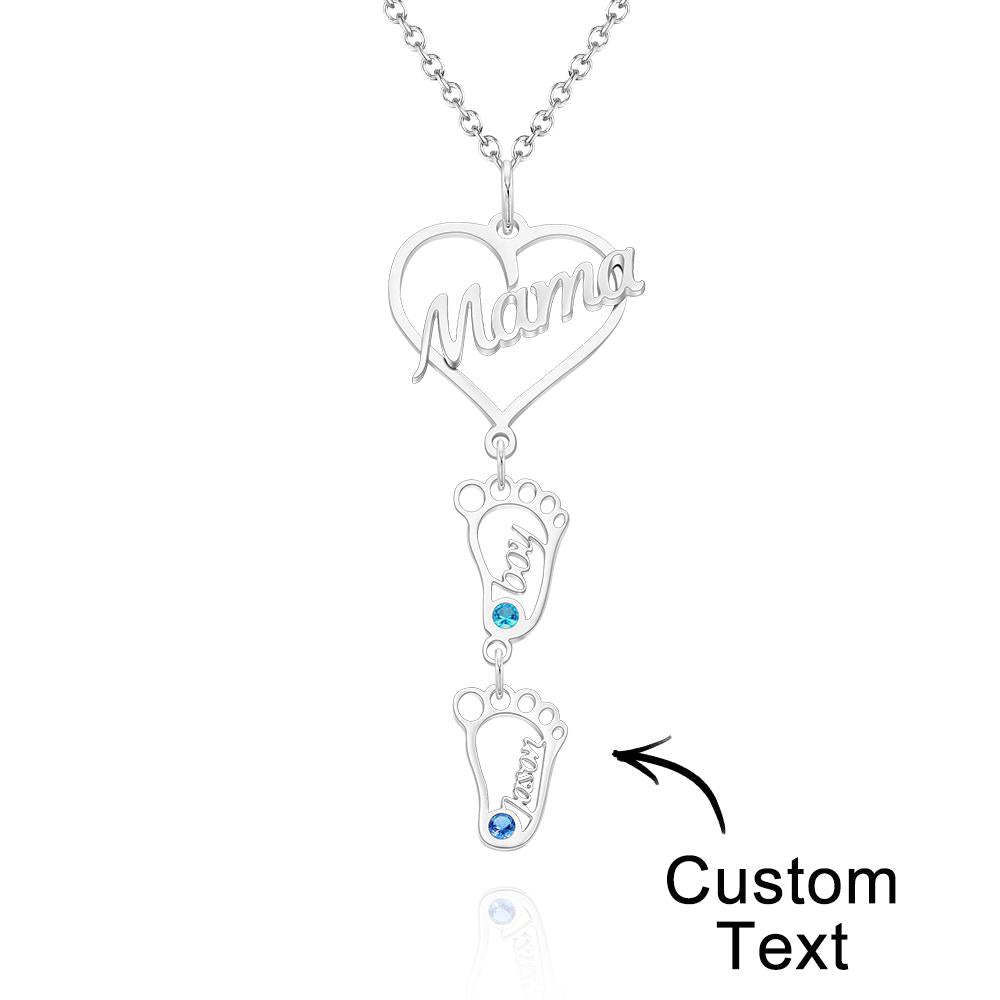 Collier Prénom Gravé Personnalisé Love Mama Coeur Avec Diamants Baby Feet Charm - votrecollierprenomfr