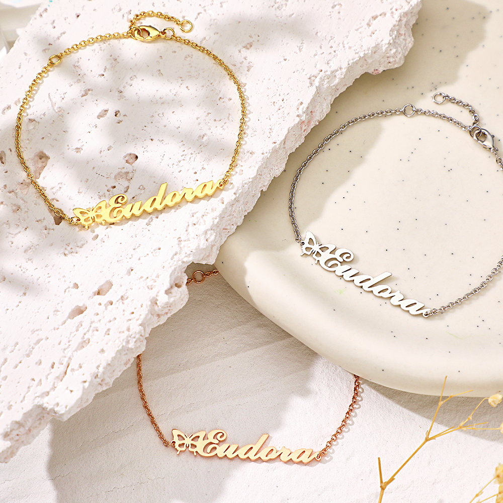 Bracelet Papillon Avec Nom Personnalisé, Cadeau Personnalisé Pour Elle - votrecollierprenomfr