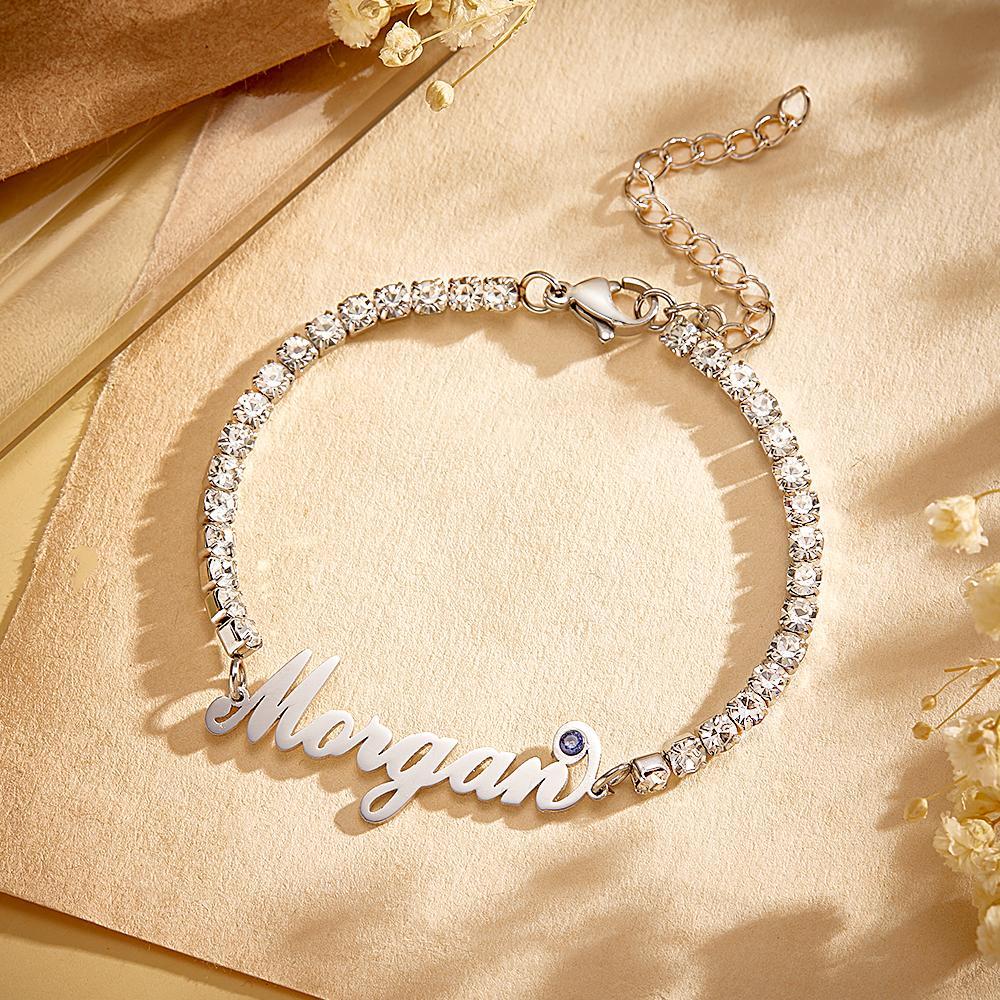 Bracelet De Tennis Avec Pierre De Naissance Avec Nom Personnalisé, Tendance, Tous Les Diamants, Cadeau Pour Elle - votrecollierprenomfr