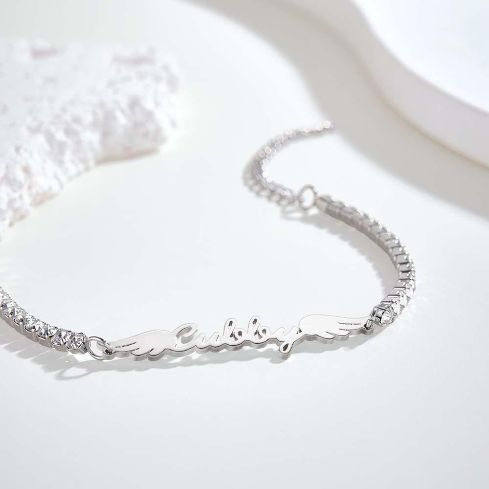 Bracelet De Tennis Avec Nom Personnalisé, Ailes D'ange Élégantes, Tous Les Diamants, Cadeau Pour Elle - votrecollierprenomfr
