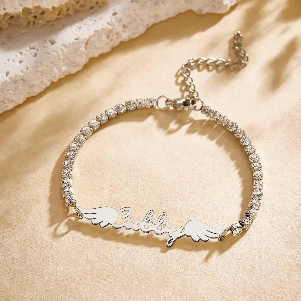 Bracelet De Tennis Avec Nom Personnalisé, Ailes D'ange Élégantes, Tous Les Diamants, Cadeau Pour Elle - votrecollierprenomfr