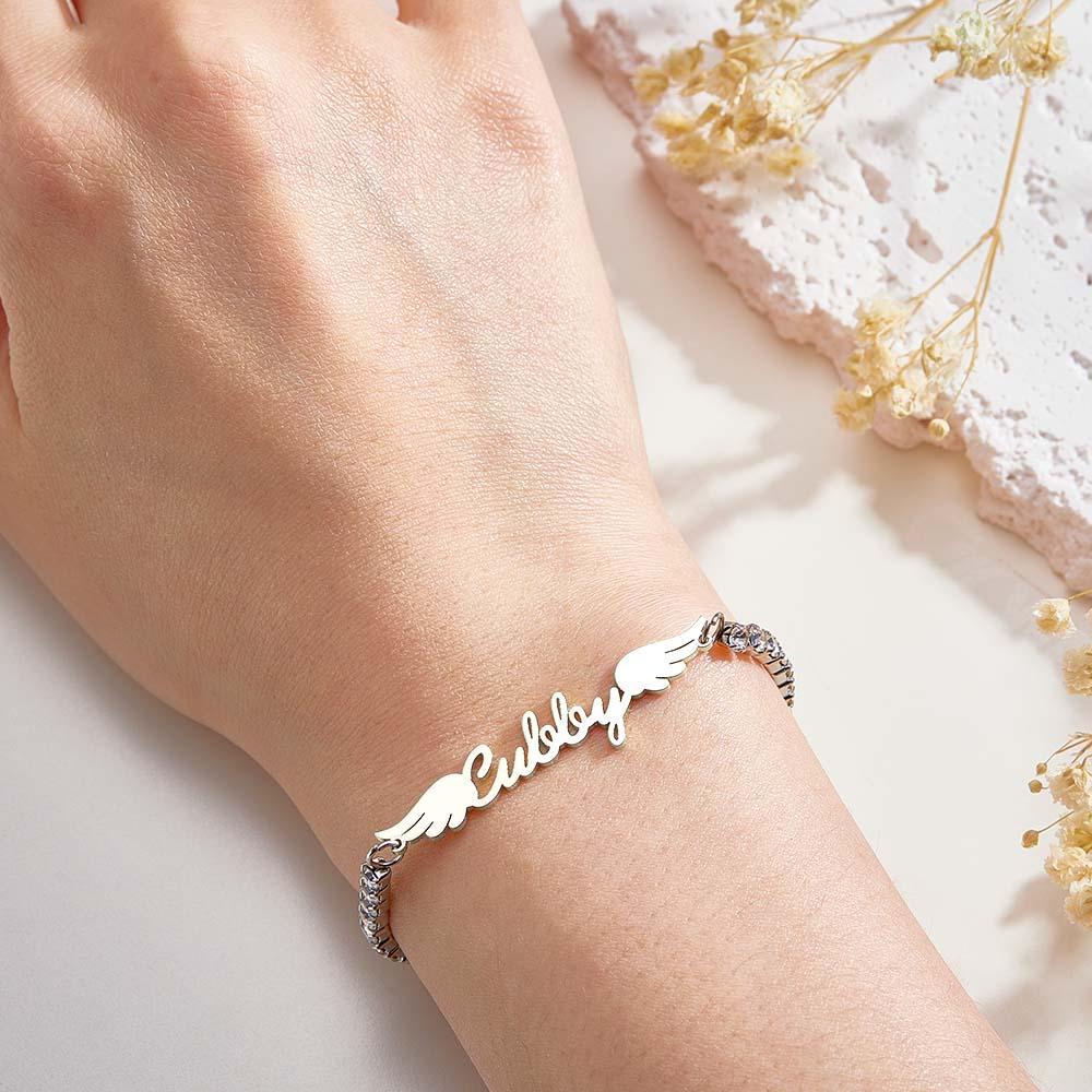 Bracelet De Tennis Avec Nom Personnalisé, Ailes D'ange Élégantes, Tous Les Diamants, Cadeau Pour Elle - votrecollierprenomfr