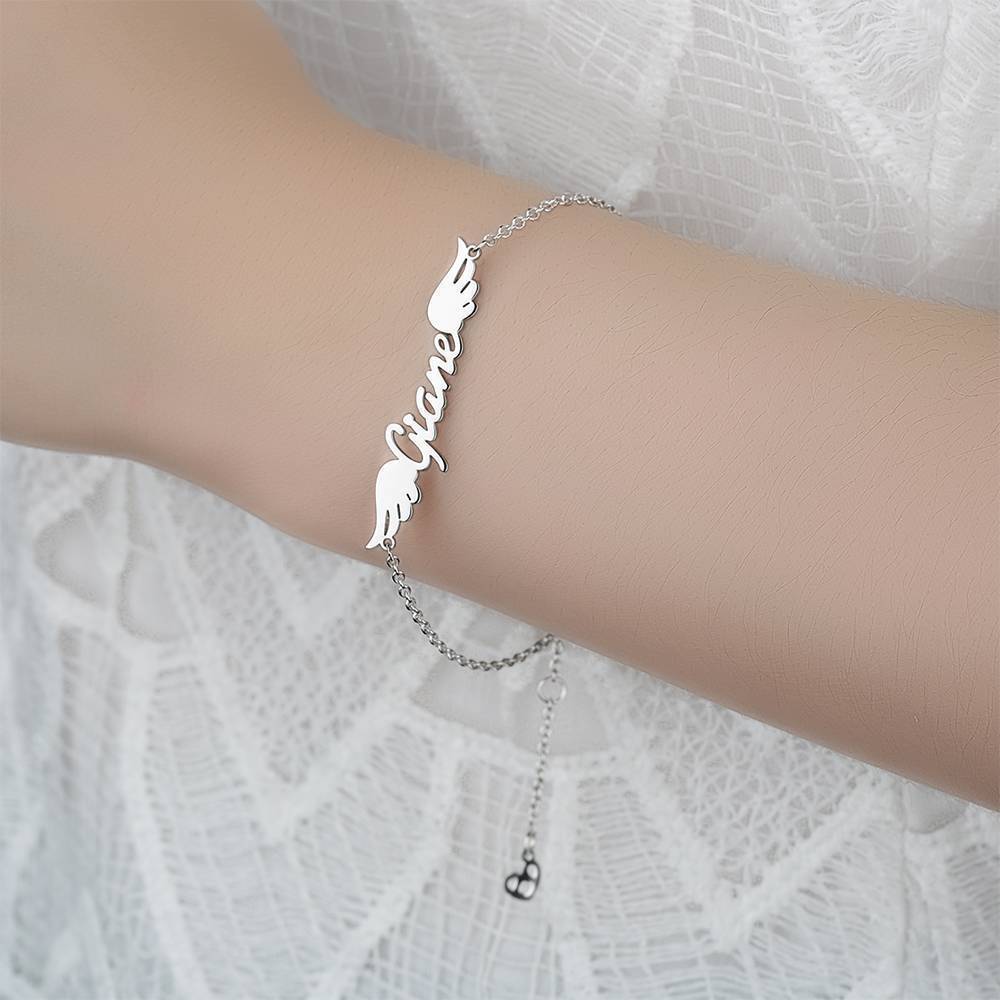 Personalized Angel Wings Name Bracelet Platinum Plated Silver