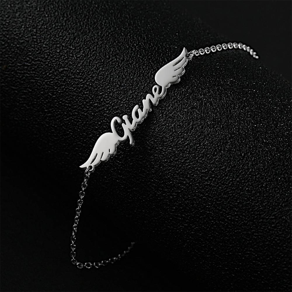 Personalized Angel Wings Name Bracelet Platinum Plated Silver