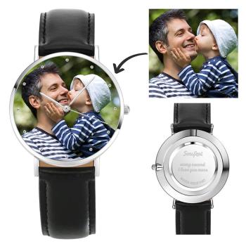 Montre Gravée Personnalisée, Montre en Photo avec Bracelet en Cuir Noir 40 mm