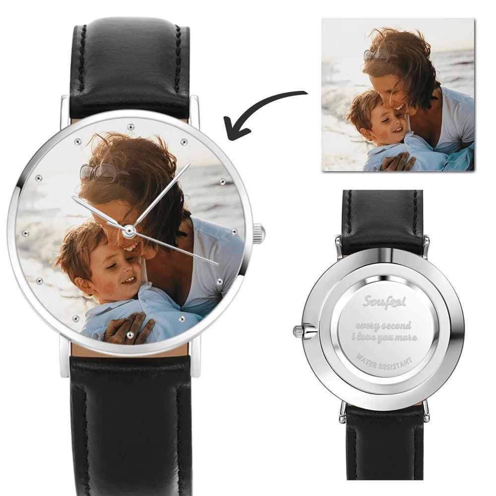 Montre Gravée Personnalisée, Montre en Photo avec Bracelet en Cuir Noir 40 mm