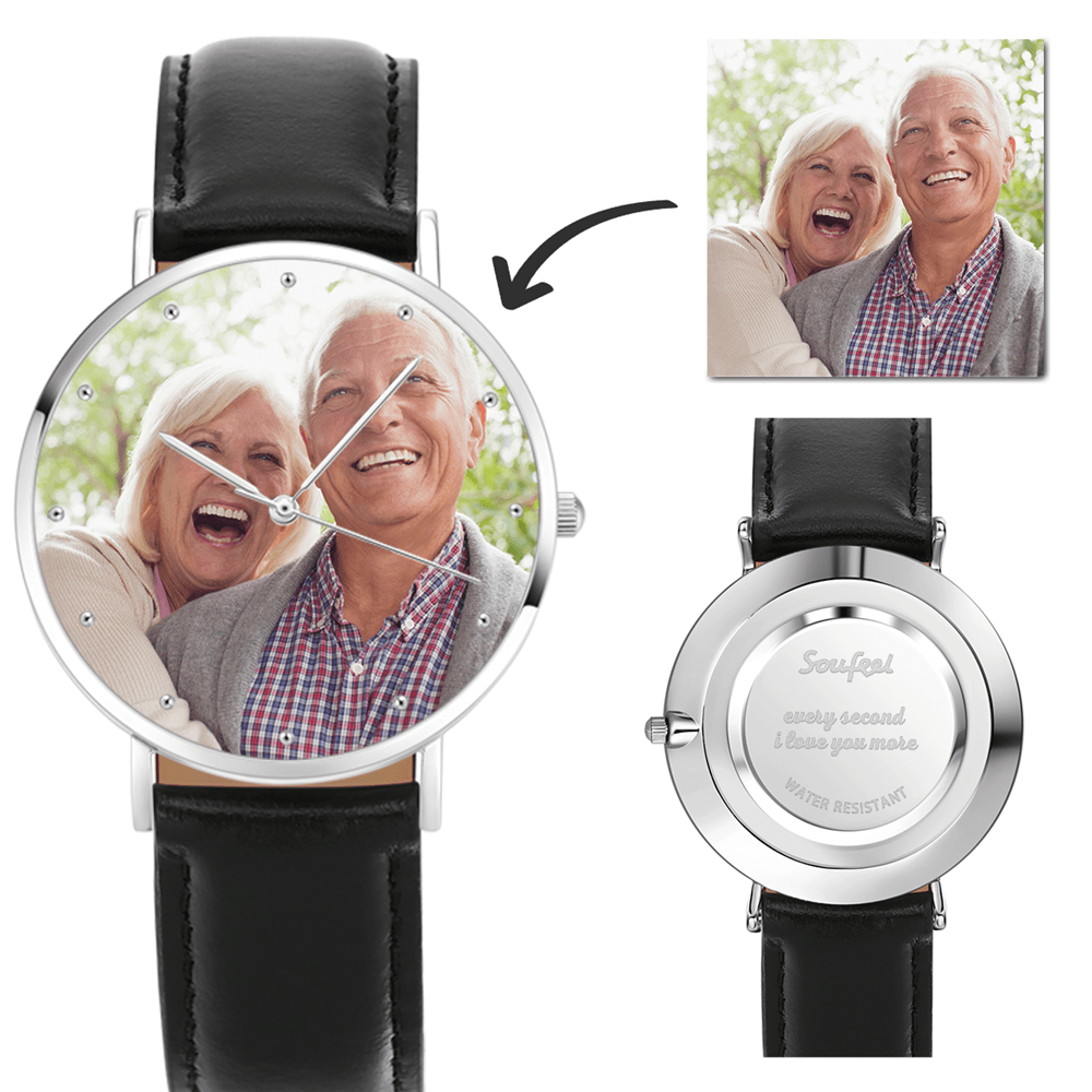 Montre Gravée Personnalisée, Montre en Photo avec Bracelet en Cuir Noir 40 mm