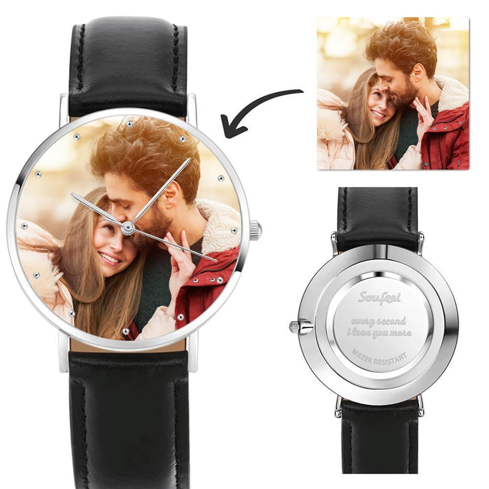 Montre Gravée Personnalisée, Montre en Photo avec Bracelet en Cuir Noir 40 mm