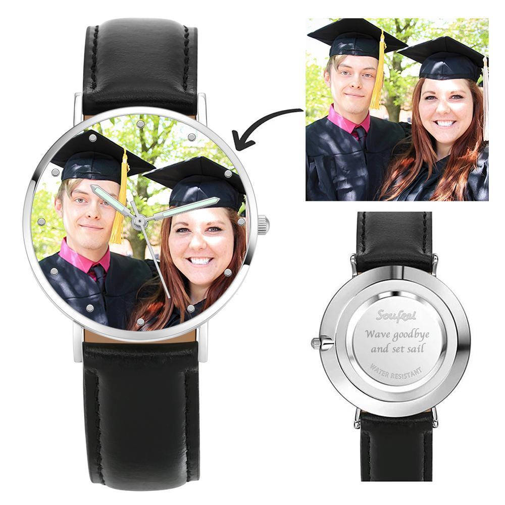 Cadeaux pour la Fête des Pères Cadeau d'Anniversaire du Père - Montre Gravée Personnalisée, Montre en Photo avec Bracelet en Cuir Noir 40 mm