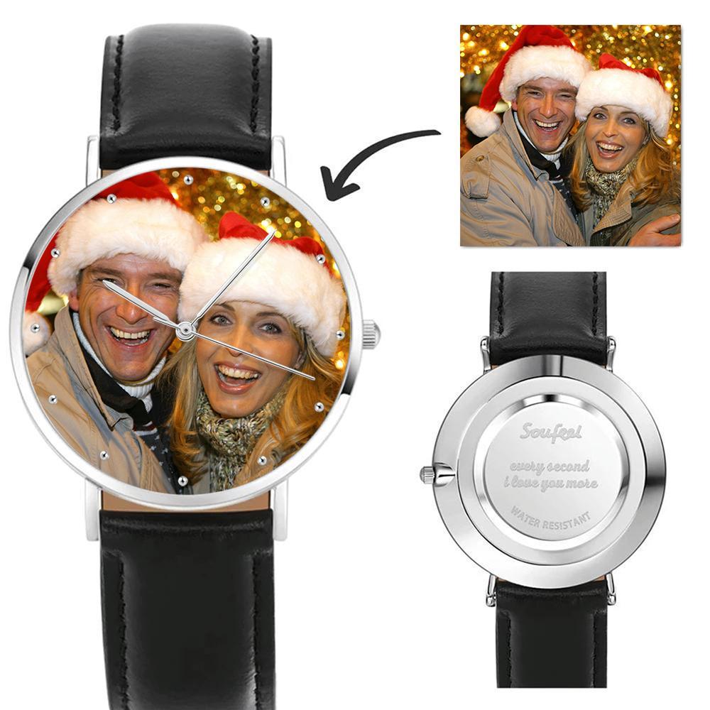 Montre Gravée Personnalisée, Montre en Photo avec Bracelet en Cuir Noir 40 mm