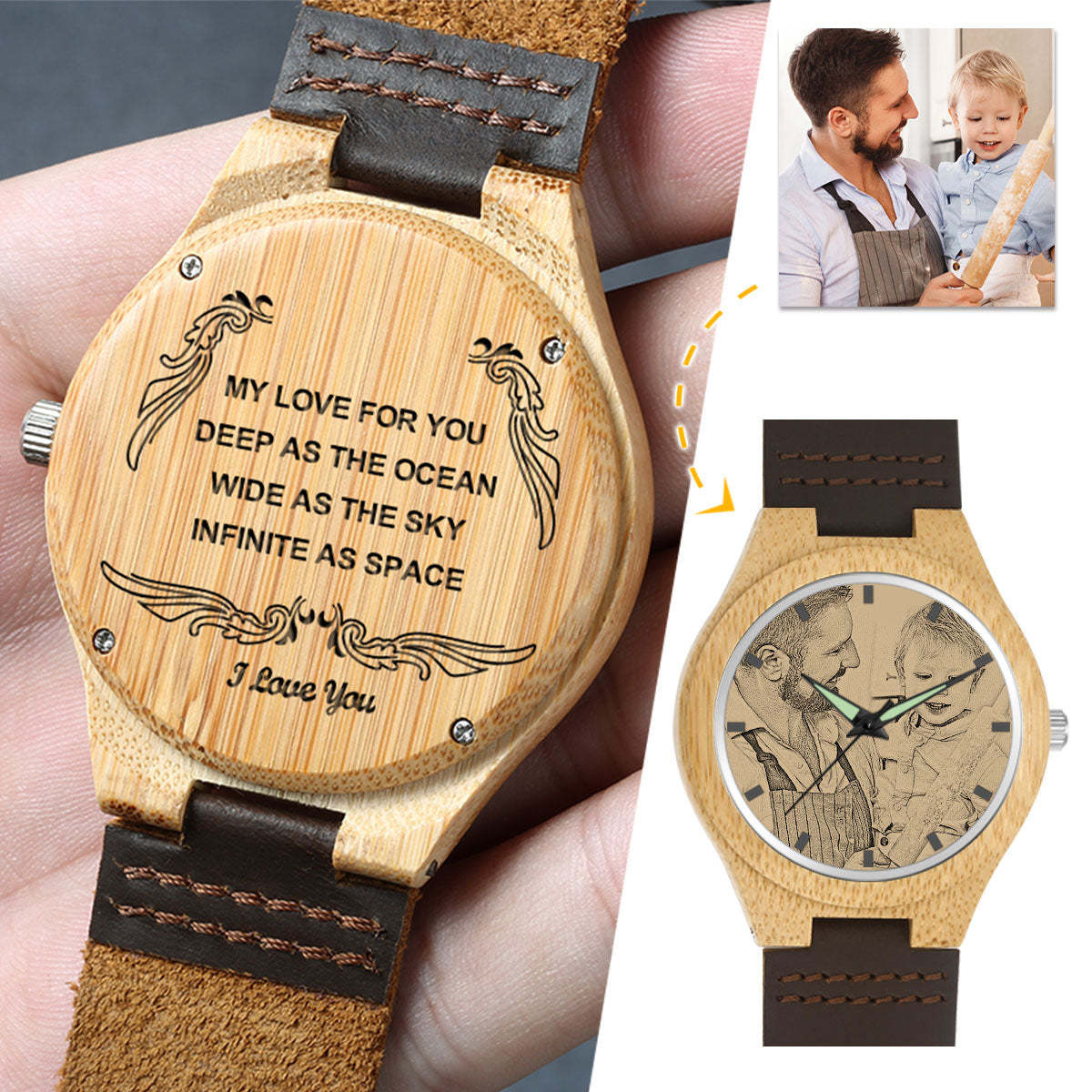 Montre photo en bois de bambou gravé pour homme personnalisé