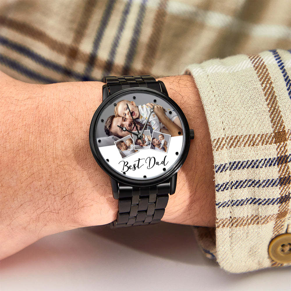 Bracelet En Alliage Noir Pour Hommes, Montre Photo Gravée Personnalisée, Cadeau De Fête Des Pères Pour Père - votrecollierprenomfr