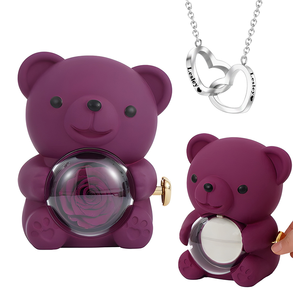 Collier Cœur Gravé Avec Véritable Rose, Coffret Cadeau Ours En Rose, Coffret Cadeau Pour Bijoux - votrecollierprenomfr