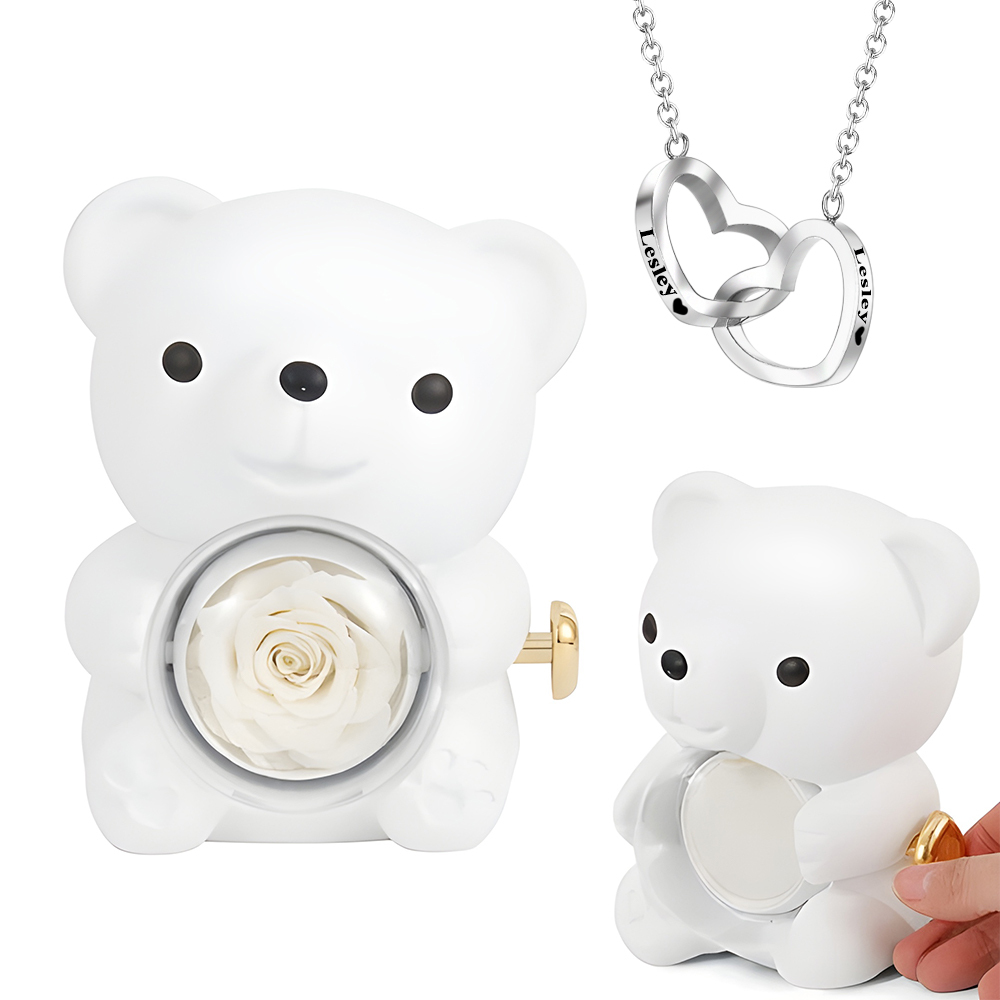 Collier Cœur Gravé Avec Véritable Rose, Coffret Cadeau Ours En Rose, Coffret Cadeau Pour Bijoux - votrecollierprenomfr