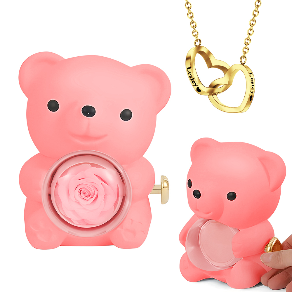 Collier Cœur Gravé Avec Véritable Rose, Coffret Cadeau Ours En Rose, Coffret Cadeau Pour Bijoux - votrecollierprenomfr
