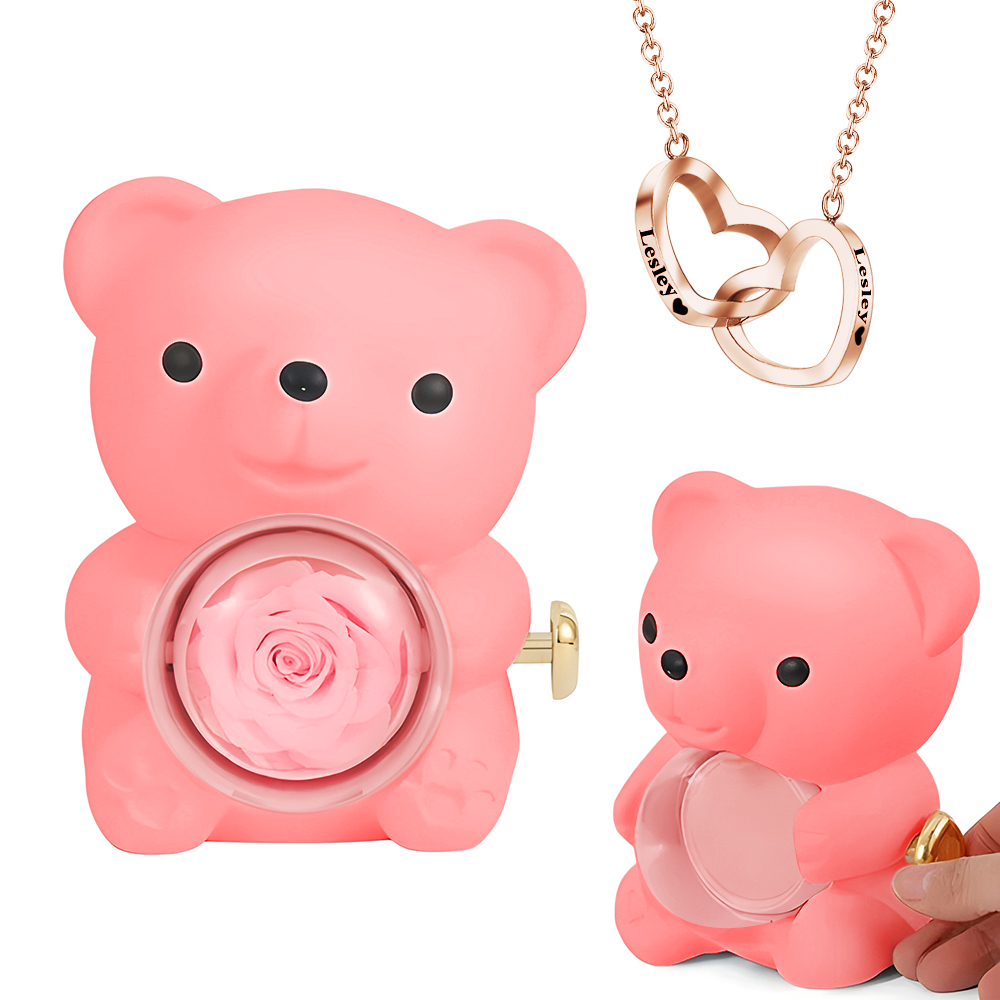 Collier Cœur Gravé Avec Véritable Rose, Coffret Cadeau Ours En Rose, Coffret Cadeau Pour Bijoux - votrecollierprenomfr