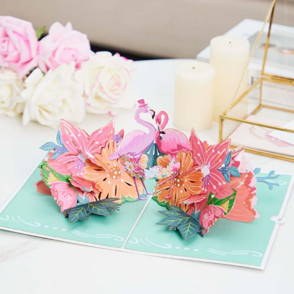 Flamingo Flowers 3d Pop Up Carte De Vœux - votrecollierprenomfr