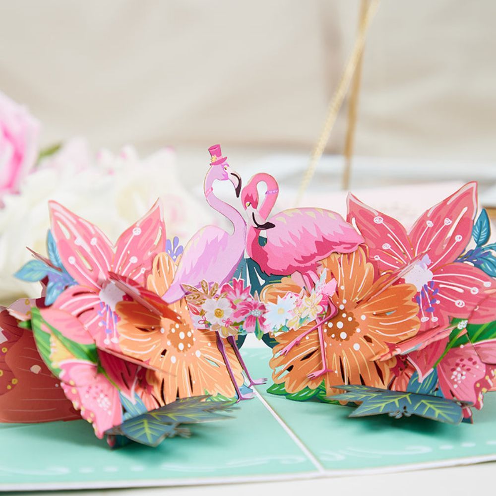 Flamingo Flowers 3d Pop Up Carte De Vœux - votrecollierprenomfr