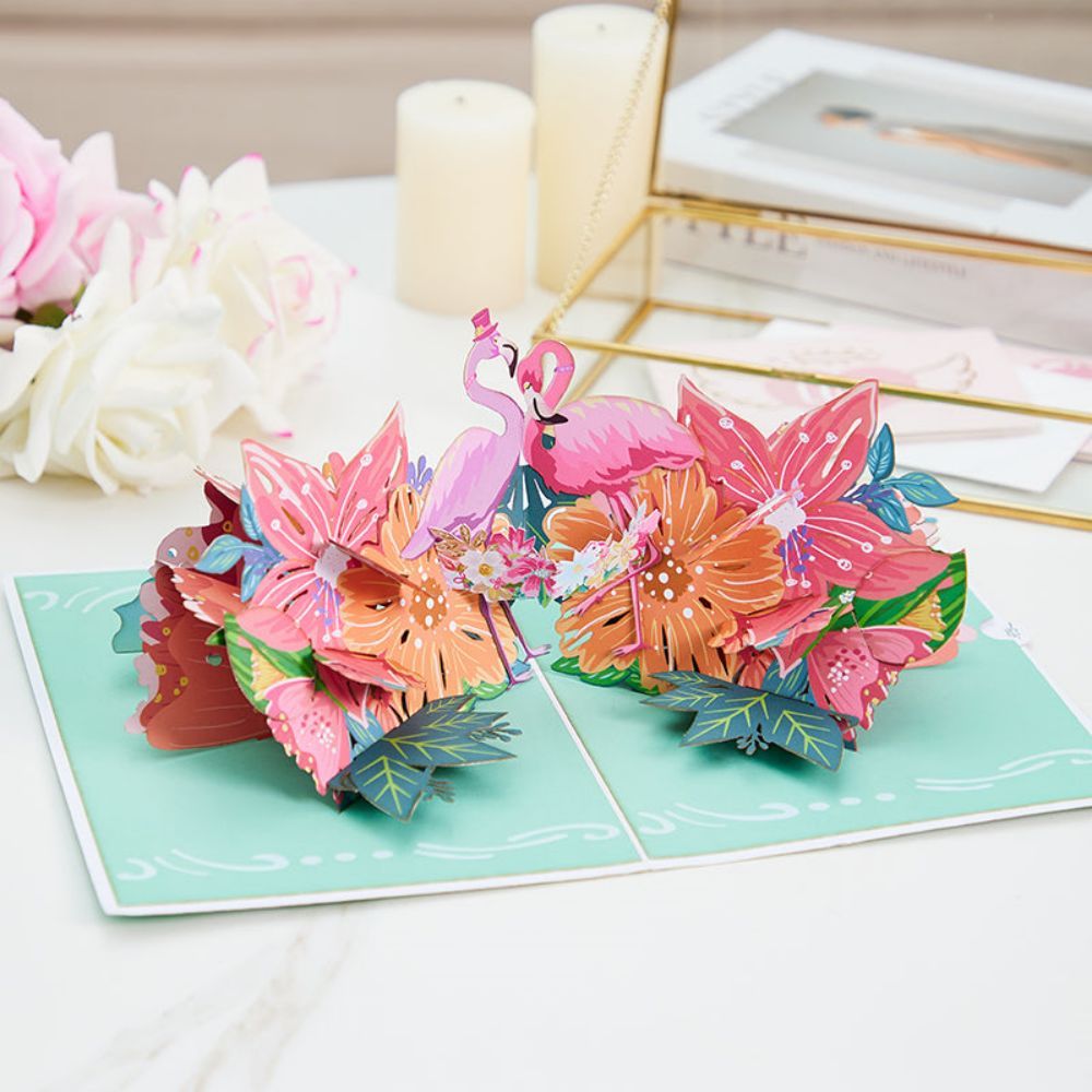 Flamingo Flowers 3d Pop Up Carte De Vœux - votrecollierprenomfr