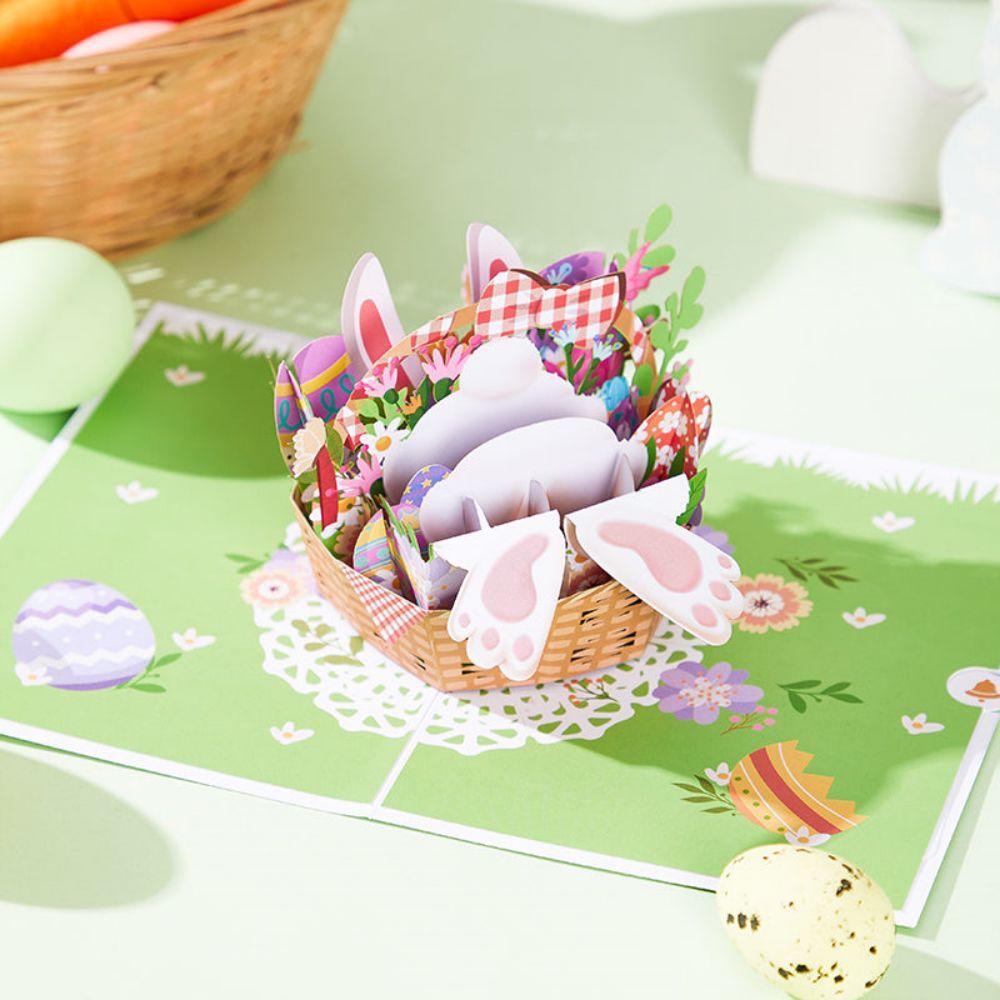 Panier De Lapin De Pâques 3d Pop Up Carte De Vœux - votrecollierprenomfr