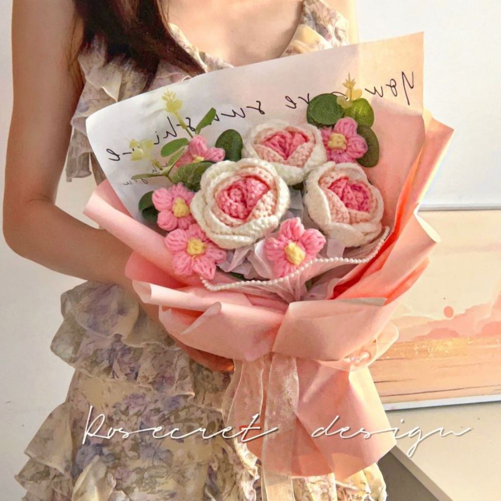 Bouquet De Fleurs Au Crochet Bouquet De Roses Tricotées À La Main Cadeau Pour Elle - votrecollierprenomfr