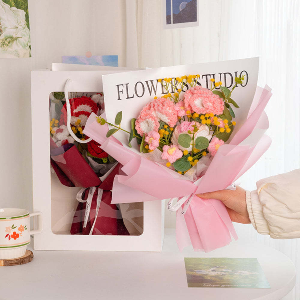 Bouquet De Fleurs Au Crochet Bouquet D'oeillets Tricoté À La Main Avec Cadeau De Bande Lumineuse Pour Elle - votrecollierprenomfr