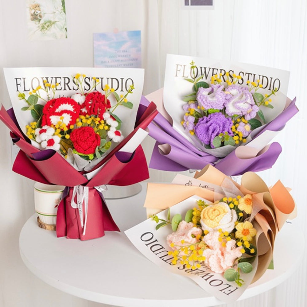 Bouquet De Fleurs Au Crochet Bouquet D'oeillets Tricoté À La Main Avec Cadeau De Bande Lumineuse Pour Elle