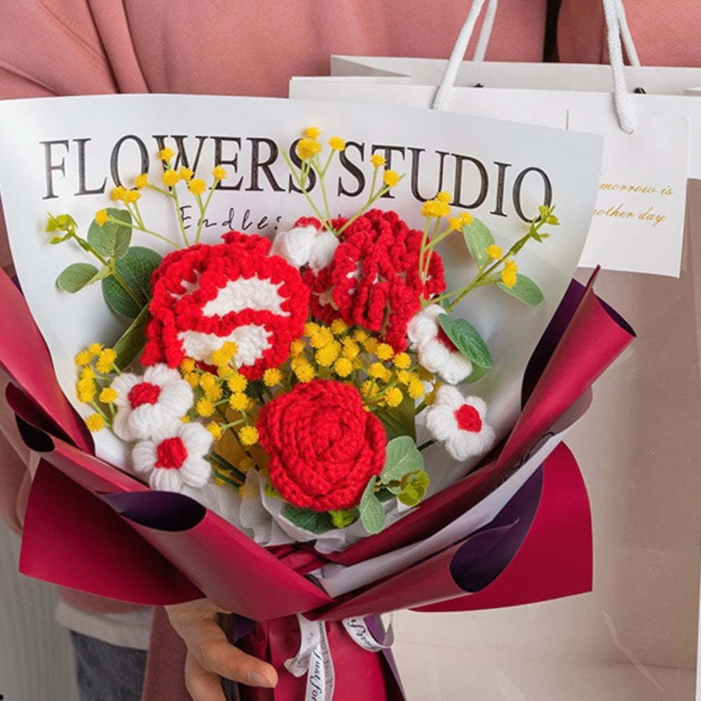 Bouquet De Fleurs Au Crochet Bouquet D'oeillets Tricoté À La Main Avec Cadeau De Bande Lumineuse Pour Elle - votrecollierprenomfr