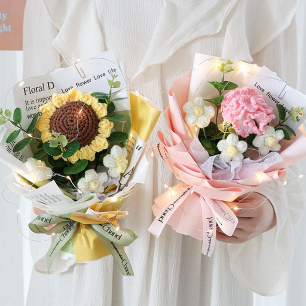 Bouquet De Fleurs Au Crochet Bouquet Tricoté À La Main Avec Cadeau De Bande Lumineuse Pour L'amant De La Mère De L'enseignant