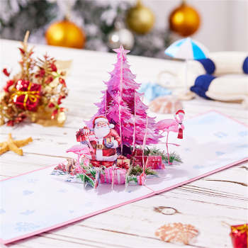 Carte Pop Up De Noël 3d, Carte De Vœux Avec Arbre De Noël Rose Et Flamant Rose - votrecollierprenomfr