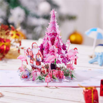 Carte Pop Up De Noël 3d, Carte De Vœux Avec Arbre De Noël Rose Et Flamant Rose - votrecollierprenomfr
