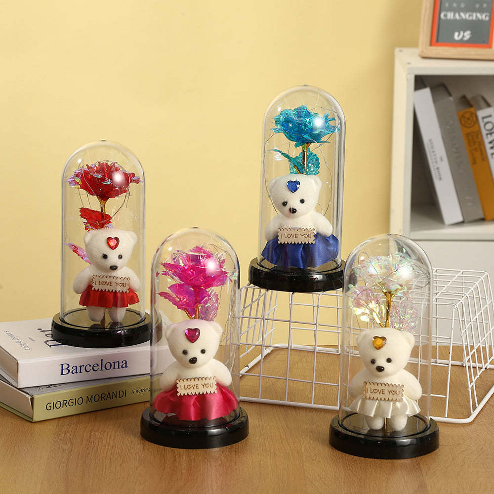 Simulation Romantique Rose Éternelle Fleur Ours Couvercle En Verre Led Veilleuse - votrecollierprenomfr