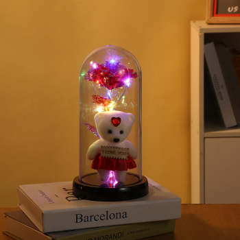Simulation Romantique Rose Éternelle Fleur Ours Couvercle En Verre Led Veilleuse - votrecollierprenomfr