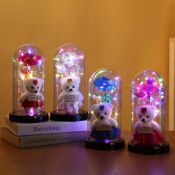 Simulation Romantique Rose Éternelle Fleur Ours Couvercle En Verre Led Veilleuse - votrecollierprenomfr