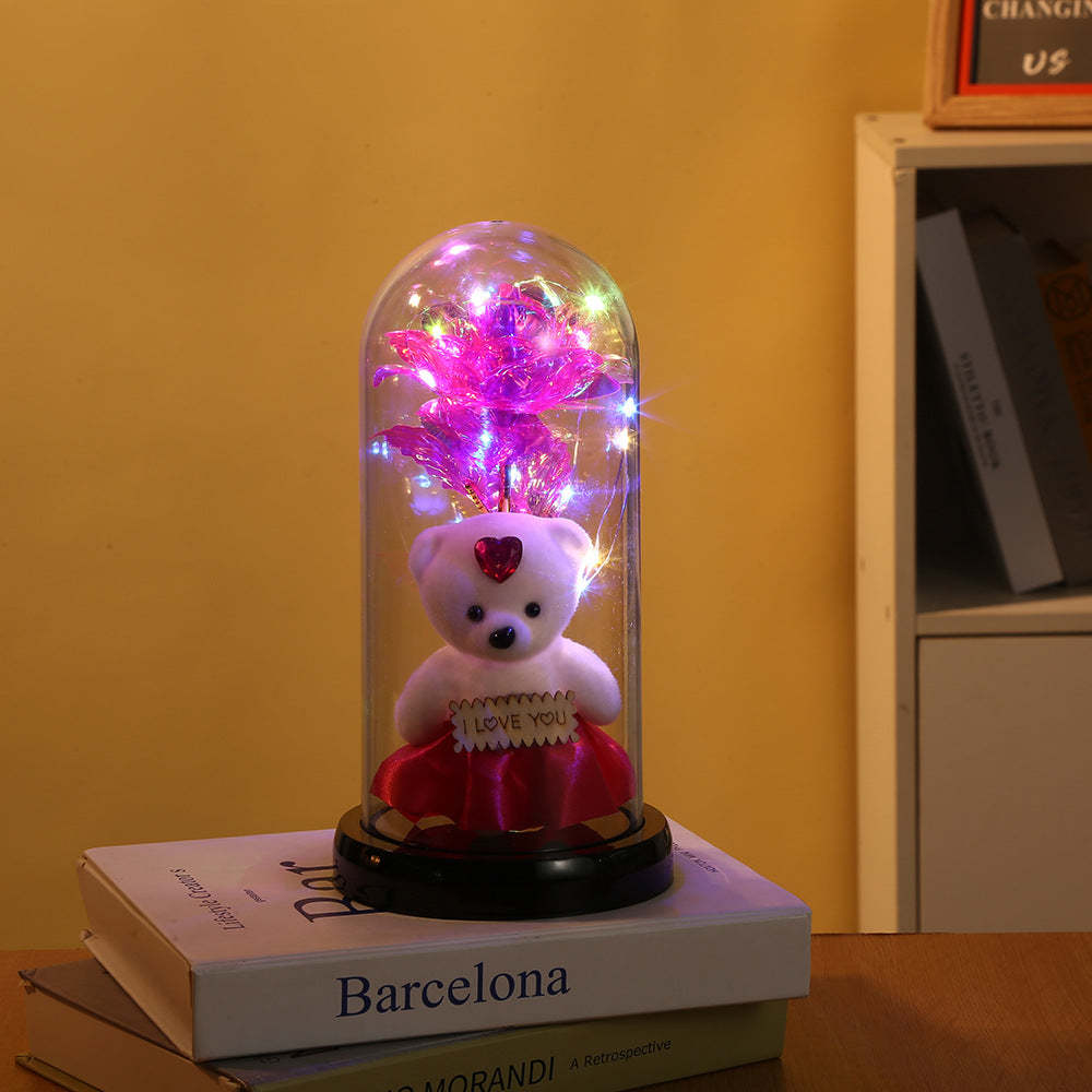 Simulation Romantique Rose Éternelle Fleur Ours Couvercle En Verre Led Veilleuse - votrecollierprenomfr