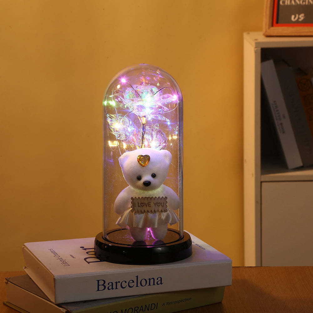 Simulation Romantique Rose Éternelle Fleur Ours Couvercle En Verre Led Veilleuse - votrecollierprenomfr