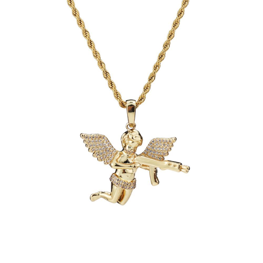 Collier Hip Hop Ange De Vengeance Avec Pistolet, Pendentif En Diamant, Cadeaux Pour Hommes - votrecollierprenomfr