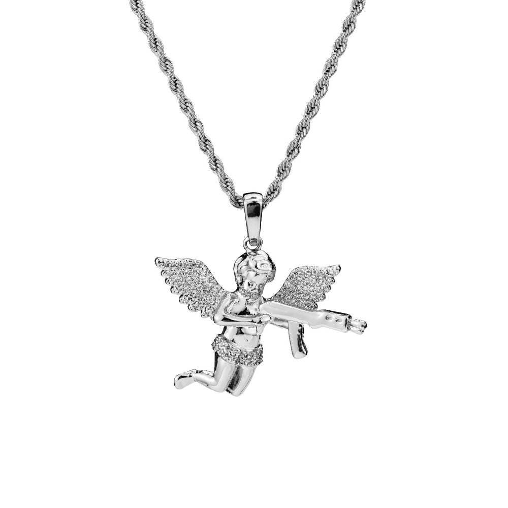 Collier Hip Hop Ange De Vengeance Avec Pistolet, Pendentif En Diamant, Cadeaux Pour Hommes - votrecollierprenomfr