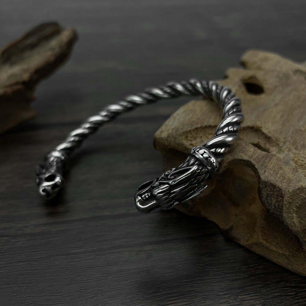 Bracelet Ouvert Rétro Viking Pour Hommes, Bijoux Tête De Dragon Dominateur - votrecollierprenomfr