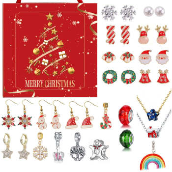 Calendrier De Noël Avent 24 Compte À Rebours Collier Boîte Aveugle Surprise Charms Boucles D'oreilles Ensemble - votrecollierprenomfr