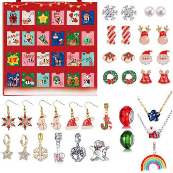 Calendrier De Noël Avent 24 Compte À Rebours Collier Boîte Aveugle Surprise Charms Boucles D'oreilles Ensemble - votrecollierprenomfr