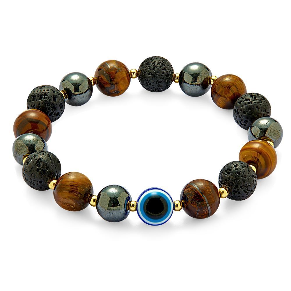 Bracelet Amulette Mauvais Œil Œil De Tigre, Onyx Noir, Pierre De Lave, Perles Pour Hommes - votrecollierprenomfr