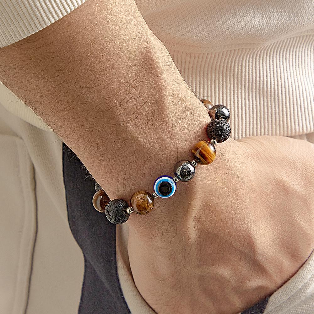 Bracelet Amulette Mauvais Œil Œil De Tigre, Onyx Noir, Pierre De Lave, Perles Pour Hommes - votrecollierprenomfr