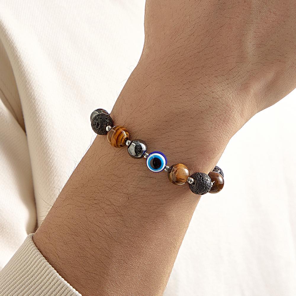 Bracelet Amulette Mauvais Œil Œil De Tigre, Onyx Noir, Pierre De Lave, Perles Pour Hommes - votrecollierprenomfr