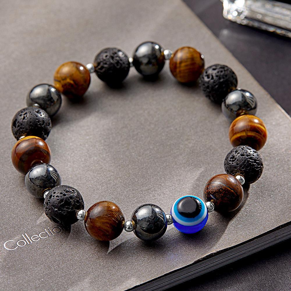 Bracelet Amulette Mauvais Œil Œil De Tigre, Onyx Noir, Pierre De Lave, Perles Pour Hommes - votrecollierprenomfr