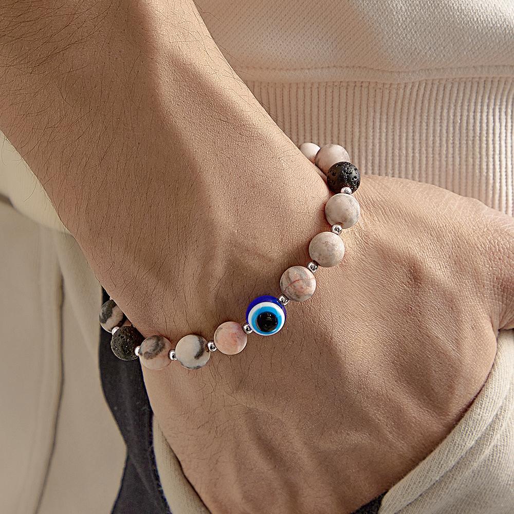 Bracelet Amulette Mauvais Œil, Pierre De Lave Naturelle, Perles, Cadeaux Pour Hommes - votrecollierprenomfr