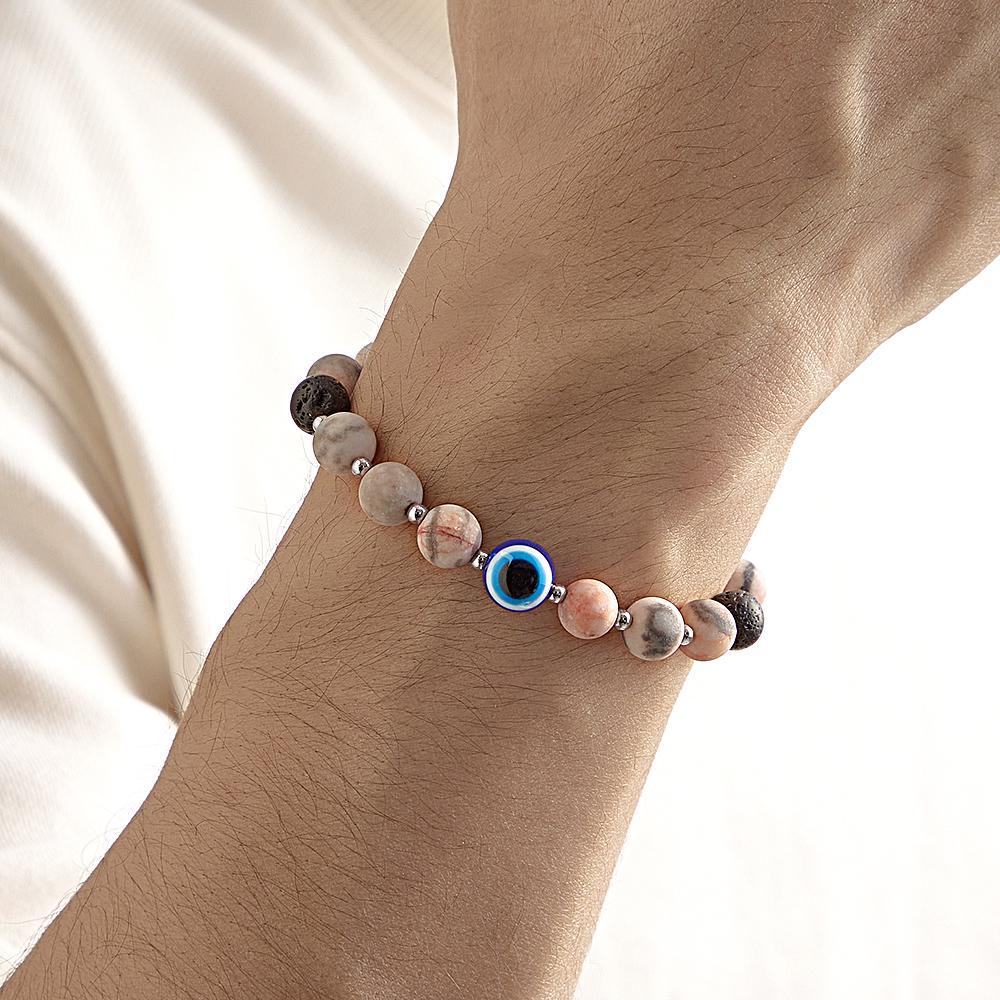 Bracelet Amulette Mauvais Œil, Pierre De Lave Naturelle, Perles, Cadeaux Pour Hommes - votrecollierprenomfr