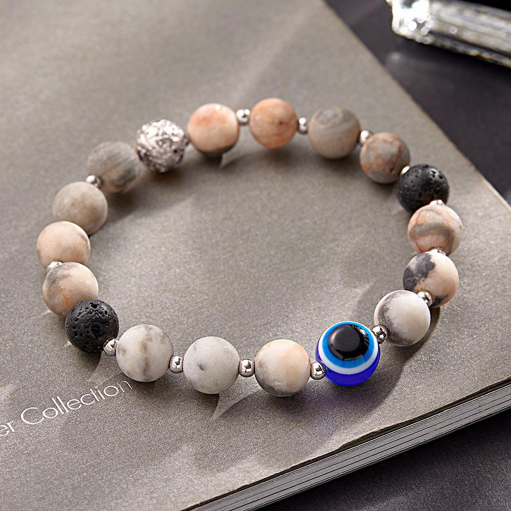 Bracelet Amulette Mauvais Œil, Pierre De Lave Naturelle, Perles, Cadeaux Pour Hommes - votrecollierprenomfr