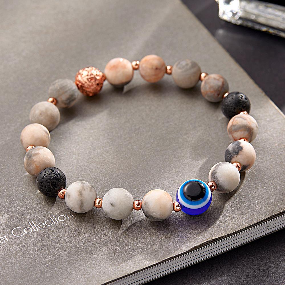 Bracelet Amulette Mauvais Œil, Pierre De Lave Naturelle, Perles, Cadeaux Pour Hommes - votrecollierprenomfr